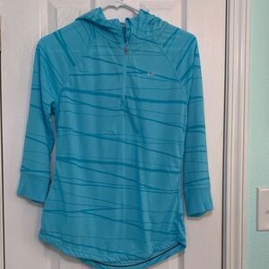 Nike running Dri-Fit Quarter Zip Hooded Top with 3/4 sleeves. Blue stripe Med.